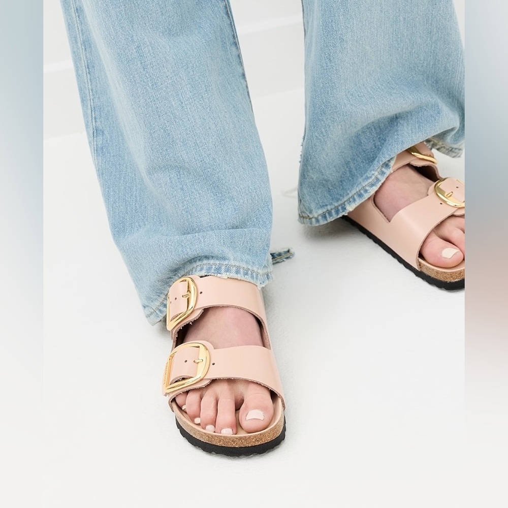 BIRKENSTOCK Arizona Big Buckle High Shine Leather Slide Sandals Nude 39 8-8.5 - Picture 2 of 16